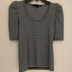 Veronica Beard Black Starling Stripped Puff-Sleeve Top